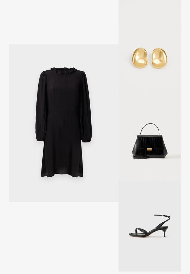 Vestido negro midi hecho de un tejido ligero, con un cuello con volantes y mangas largas abullonadas con puños elásticos. Superficie texturizada con un ligero brillo.; Sandalia negra de cuero para mujer con tiras finas, un lazo para el dedo del pie, hebilla en el tobillo y tacón de aguja de altura media sobre un fondo neutro.; Bolso de cuero negro con asa superior, cierre dorado y correa de hombro desmontable sobre un fondo claro y liso.; Pendientes de studs en color dorado con una forma suave y redondeada y una superficie reflectante, que exhiben un diseño minimalista y sin patrones visibles.