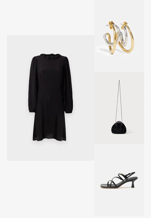 Schwarzes Midi-Kleid aus leichtem Stoff, mit einem Rüschensaumkragen und langen Puffärmeln mit elastischen Bündchen. Strukturiert mit leichtem Glanz.; Schwarze lackierte Riemchensandalen mit quadratischer Zehenpartie und niedrigem Blockabsatz. Ausgestattet mit vergoldeten Beschlägen und verstellbaren Knöchelriemen.; Kleine schwarze Handtasche aus Kunstfell mit geflochtenen oberen Griffen und langem dünnem Schulterriemen auf einfarbigem Hintergrund.; Gold- und Silber-verwobene Creolen mit glatten, glänzenden Oberflächen; mit einem Steckverschluss für sicheren Sitz.