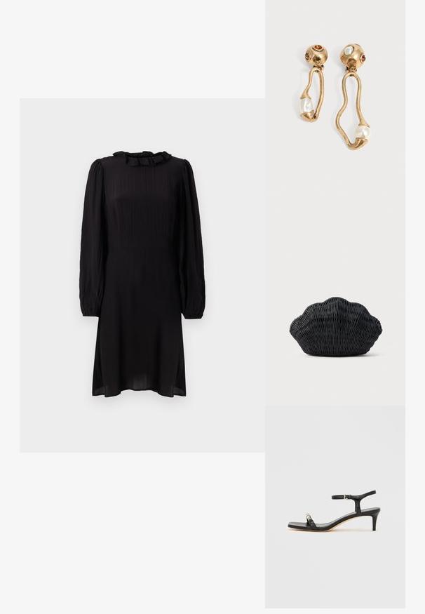 Schwarzes Midi-Kleid aus leichtem Stoff, mit einem Rüschensaumkragen und langen Puffärmeln mit elastischen Bündchen. Strukturiert mit leichtem Glanz.; Schwarze Leder-Sandale mit Absatz und Knöchelriemen, offenem Zehenbereich, quadratischer Vorderseite und silbernen Metallakzenten. Eng anliegendes Design mit schlanker Silhouette.; Schwarze Korbtasche in Muschelform mit gebogenem Oberteil und gewebter Textur auf einfarbigem Hintergrund.; Ohrringe in Goldton mit unregelmäßigen offenen Formen, jeweils mit einer Perle am unteren Ende und Edelsteindetails an den runden Steckern.