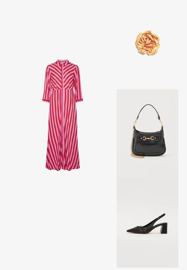 Lang knap-ned kjole med skiftende røde og lyserøde diagonale striber. Fremstillet af letvægtsmateriale med trekvartærmer.; Sort læder slingback hæl sko med spidse tæer, lille forstrop og blokhæl. Glat tekstur med guld detaljer.; Sort patentlæderhåndtaske med guldfarvet hestebid-detalje, kort læderrem og aftagelig guldkæde på hvid baggrund.; Satin blomsteraccessory i blød gul, med lagdelte kronblade med en glat tekstur og en naturlig rosenform mod en hvid baggrund.