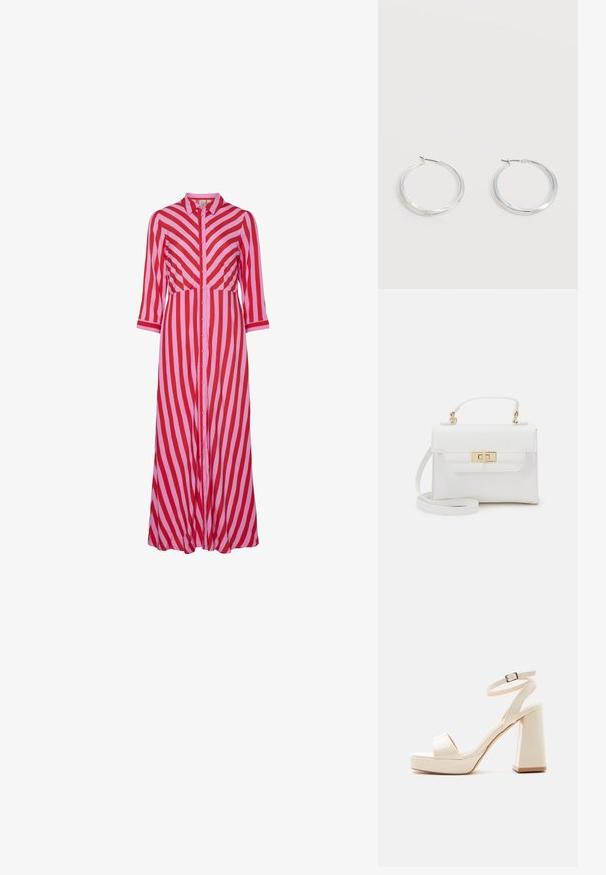 Lang knap-ned kjole med skiftende røde og lyserøde diagonale striber. Fremstillet af letvægtsmateriale med trekvartærmer.; Beige platformsandal med tyk blokhæl, åben tå og ankelrem med metalspænde på hvid baggrund.; Call it Spring BULLETPROOFF - Håndtasker - white synthetic smooth; Sølvfarvede metaloorringe med glat, let buet overflade og låsemekanisme på en ensfarvet hvid baggrund.