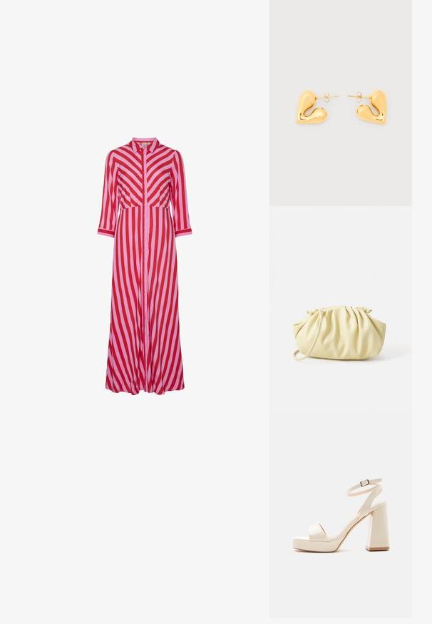 Lang knap-ned kjole med skiftende røde og lyserøde diagonale striber. Fremstillet af letvægtsmateriale med trekvartærmer.; Beige platformsandal med tyk blokhæl, åben tå og ankelrem med metalspænde på hvid baggrund.; Gul plisseret håndtaske lavet af glat kunstlæder, med en blød form, en enkelt skulderrem og samlet topdesign.; Hjerteformede ørestikker i guldfarve med et glat, buet design og sommerfugle-lukninger på en hvid baggrund.