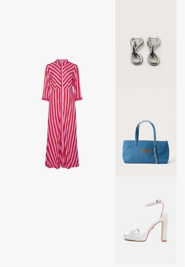 Lange button-up jurk met afwisselend rode en roze diagonale strepen. Gemaakt van lichtgewicht materiaal met driekwart mouwen.; Witte sandaal met hoge hak, enkelbandje, blokhak, plateauzool en decoratieve stoffen bloem op het te-bandje.; Denim draagtas in medium blauw met twee stevige handvatten, kettingaccent en geborduurd "tommy jeans" logo in oranje. Eenvoudige en rechthoekige vorm.; Set zilverkleurige metalen oorbellen met een abstract ontwerp van in elkaar grijpende lussen op een witte achtergrond.