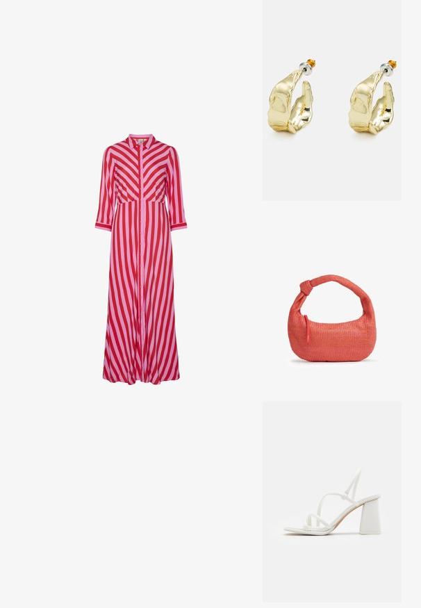 Robe longue à boutons avec des rayures diagonales rouges et roses alternées. Fabriquée en tissu léger avec des manches trois-quarts.; Sandales à talons blancs avec des brides fines, un bout carré et un talon bloc épais, au texte lisse et au design minimalist.; Petit sac à main corail tissé avec une anse nouée et un curseur de fermeture éclair rouge sur le côté, présenté sur fond blanc.; Boucles d'oreilles dorées en forme de mains abstraites, avec une surface brillante, des détails complexes et un fermoir en argent et or pour un maintien sécurisé.