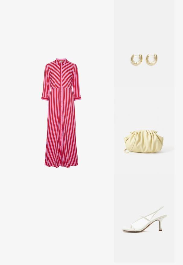 Lange button-up jurk met afwisselend rode en roze diagonale strepen. Gemaakt van lichtgewicht materiaal met driekwart mouwen.; Witte dames open teen sandaal met hak en dunne gekruiste bandjes en slingback op een lichte achtergrond.; Geel geplooide handtas van soepel nepleer, met een zachte vorm, een enkele schouderriem en een verzameld ontwerp aan de bovenkant.; Gouden hoepeloorbellen met een gladde, gepolijste afwerking. Beschikken over een halve cirkelvorm en een veilige postsluiting.