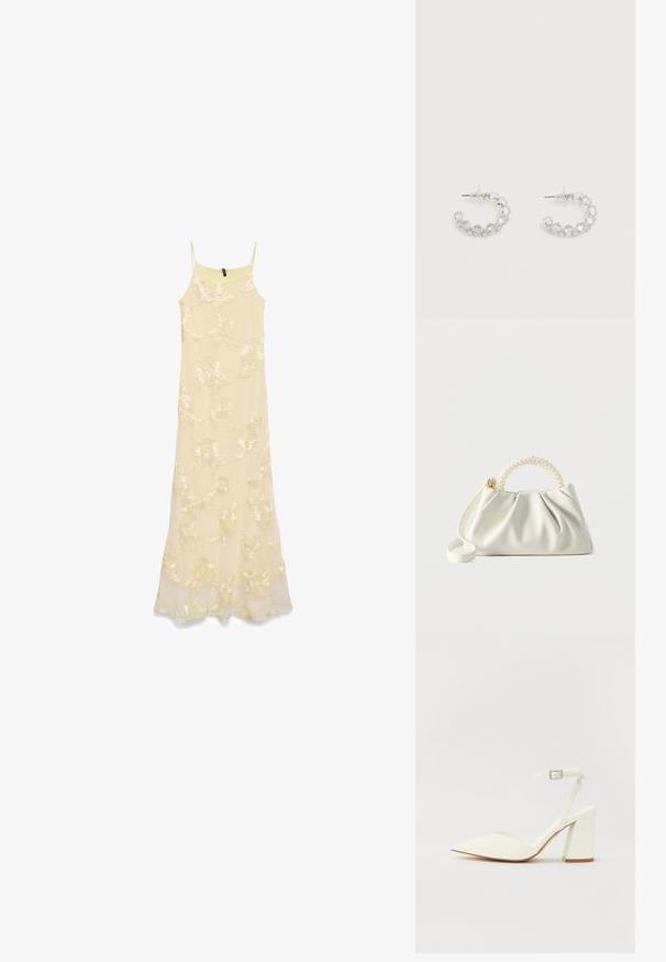 Longue robe jaune pâle sans manches avec fines bretelles et motif floral brodé sur l'ensemble du tissu.; Sandale blanche à talon avec un bout pointu, sangle de cheville réglable et un talon carré épais. Texture lisse avec des détails de couture minimaux.; Petit sac à main blanc avec un corps froncé, une poignée ronde ornée de perles et une bandoulière amovible sur un fond uni.; Boucles d'oreilles anneaux en argent incrustées de cristaux facettés clairs, avec attaches à tige et embouts transparents sur fond blanc.