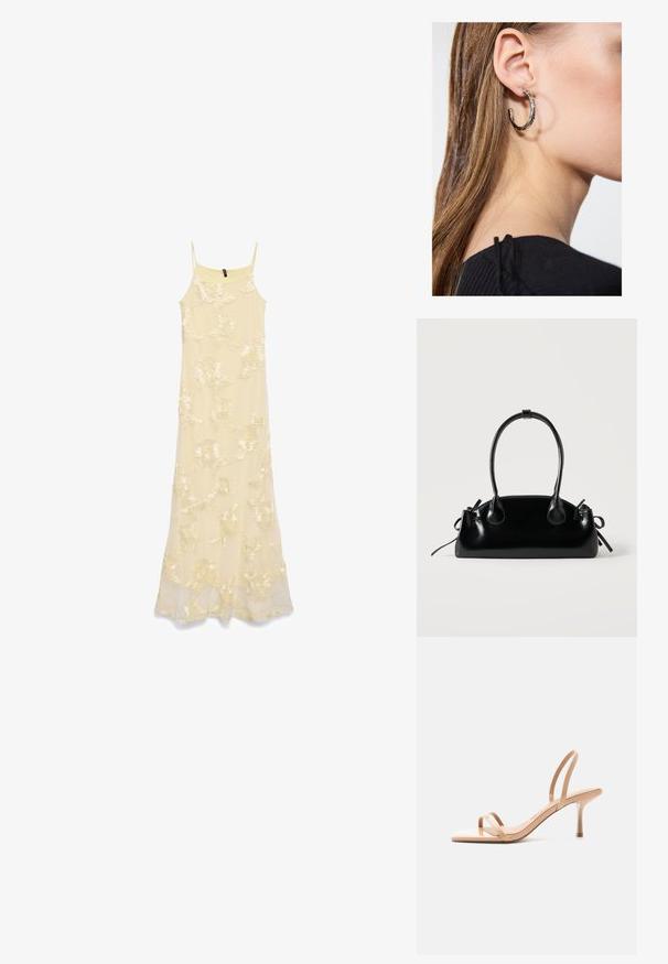 Longue robe jaune pâle sans manches avec fines bretelles et motif floral brodé sur l'ensemble du tissu.; Sandale beige à talon haut avec fines lanières sur les orteils et autour du talon, avec un bout carré et un talon aiguille fin, sur fond blanc.; Petit sac à main noir brillant avec deux longues anses et des détails à cordon sur les côtés sur un fond clair uni.; Boucle d'oreille en argent avec une finition polie, présentant de petits détails en or et de forme ronde, portée sur le lobe.