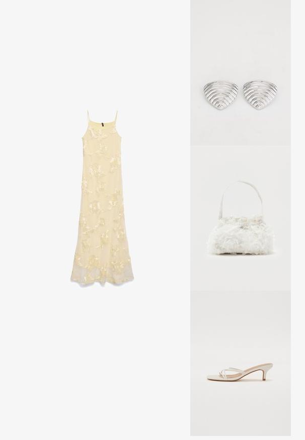 Longue robe jaune pâle sans manches avec fines bretelles et motif floral brodé sur l'ensemble du tissu.; Des sandales à talon bloc blanches présentent des fines sangles et un design à bout carré. Le talon est d'une hauteur moyenne, avec une finition lisse.; Petit sac à main blanc orné de roses en tissu recouvrant le corps et d'une fine anse unique, sur un fond uni.; Boucles d'oreilles en argent avec un design ondulé et texturé, en forme de croissants superposés ; la finition polie accentue les qualités réfléchissantes.