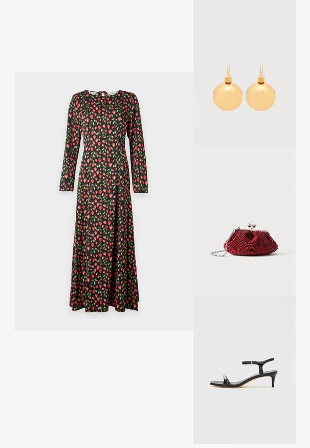 Robe noire à manches longues ornée d'un motif de fraises rouges et roses avec des feuilles vertes, au design évasé et au col rond.; Sandale noire en cuir à talon avec bride à la cheville, bout ouvert, devant carré et accent en métal argenté. Design ajusté avec un profil élégant.; Petit sac pochette rouge orné de perles, avec fermoir argenté et chaîne sur un fond blanc uni.; Paire de boucles d'oreilles boule de Noël dorées brillantes avec fermoirs à crochet sur fond blanc uni.