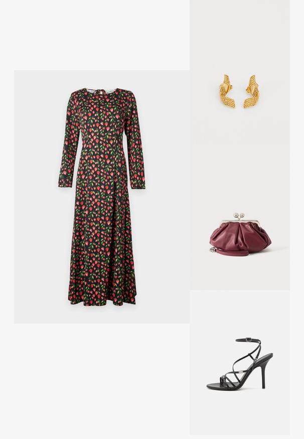 Robe noire à manches longues ornée d'un motif de fraises rouges et roses avec des feuilles vertes, au design évasé et au col rond.; Sandale noire à talons hauts avec des brides fines, une boucle à la cheville, une surface en cuir lisse et un talon aiguille élancé.; Petite pochette en cuir bordeaux avec fermoir en métal argenté et bracelet pour poignet sur fond blanc.; Boucles d'oreilles dorées au design de feuille torsadée, ornées de petits pierres scintillantes, et maintenues par un fermoir à tige.