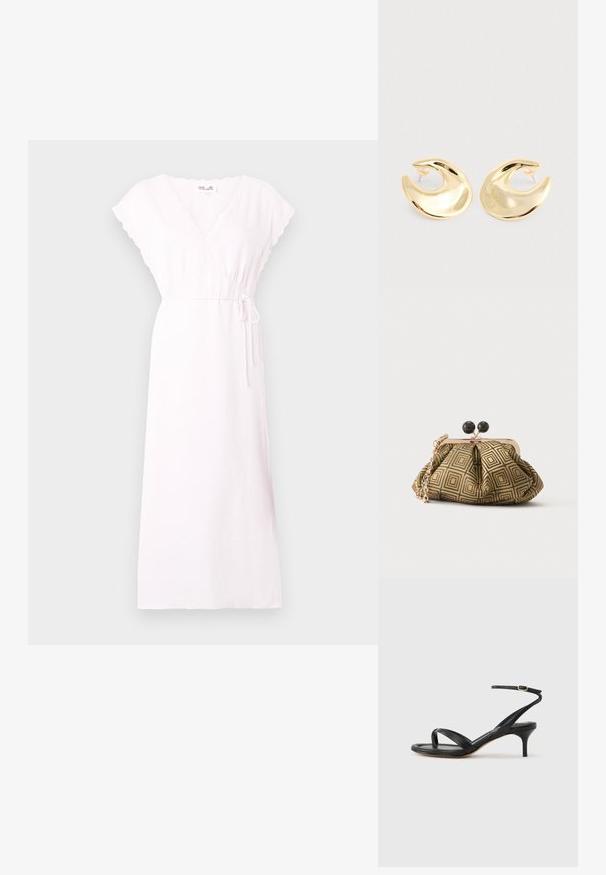 Robe mi-longue rose clair avec col en V, bordure en dentelle sur les manches et le décolleté, et une fine ceinture à la taille sur fond uni.; Sandale pour femme en cuir noir avec fines lanières, une boucle d'orteil, une boucle à la cheville et un talon aiguille de hauteur moyenne sur un fond neutre.; Petite pochette avec motif géométrique doré et noir, cadre en métal doré, fermeture à boule noire et une courte chaîne dorée.; Une paire de boucles d'oreilles en forme de croissant dorées et brillantes, avec des supports en plastique transparent, sur une surface gris clair.