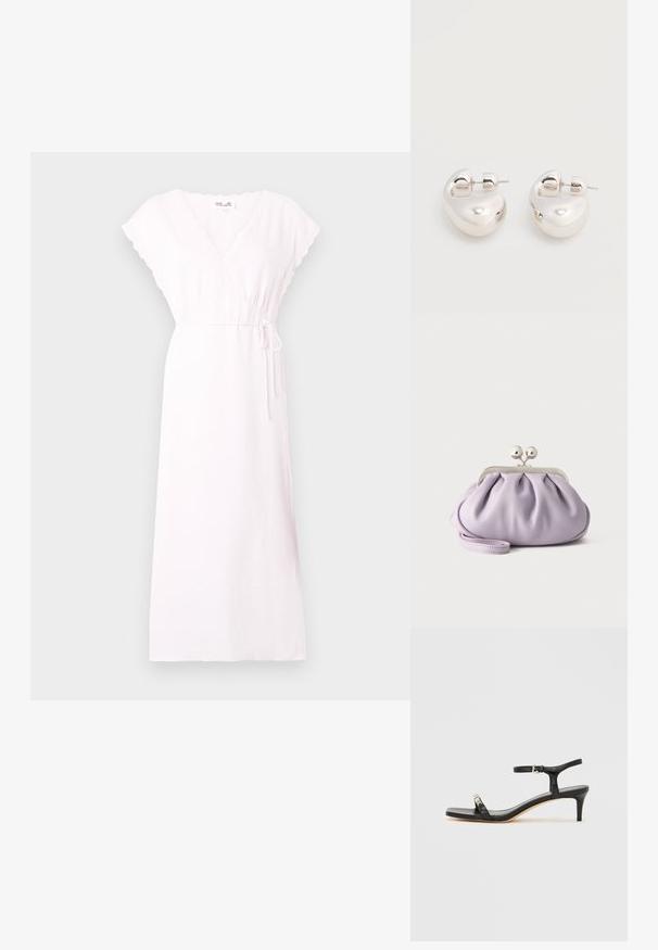 Robe mi-longue rose clair avec col en V, bordure en dentelle sur les manches et le décolleté, et une fine ceinture à la taille sur fond uni.; Sandale noire en cuir à talon avec bride à la cheville, bout ouvert, devant carré et accent en métal argenté. Design ajusté avec un profil élégant.; Pochette lavande douce avec tissu froncé, fermoir kiss-lock argenté et bracelet assorti sur un fond clair uni.; Paire de boucles d'oreilles argentées brillantes et épaisses avec fermoirs à tige, sur fond blanc uni.
