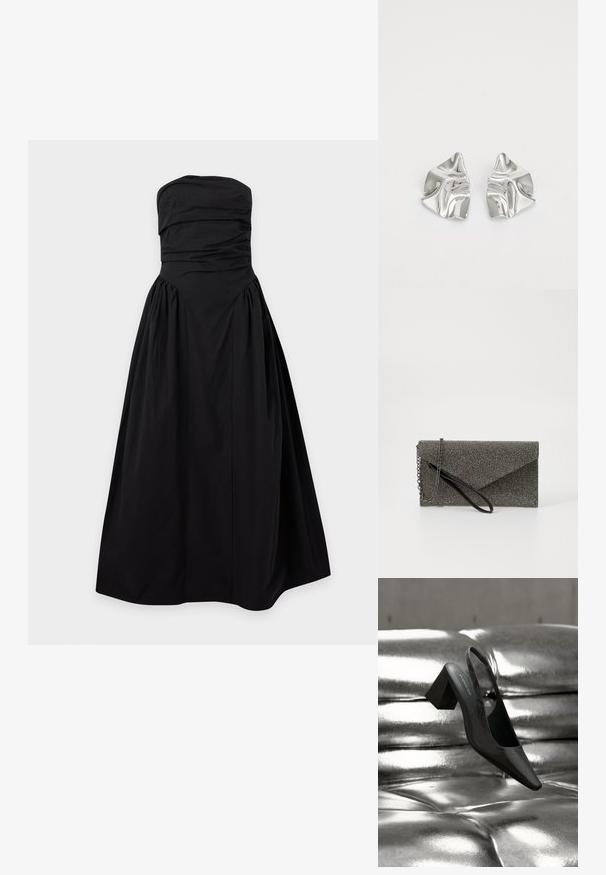 Robe de soirée noire sans bretelles avec corsage froncé et jupe volumineuse plissée, présentée sur un fond clair uni.; Escarpin noir à bride arrière avec bout pointu, présentant une surface texturée et un talon bloc épais. Posé sur un fond métallique brillant.; Pochette en métal gris avec un motif en maille texturé, design en enveloppe, bandoulière en chaîne et une fine sangle de poignet élégante.; Boucles d'oreilles en métal argenté avec un design ondulé et sculptural, présentant une finition polie et des formes irrégulières, mettant en valeur une esthétique contemporaine.