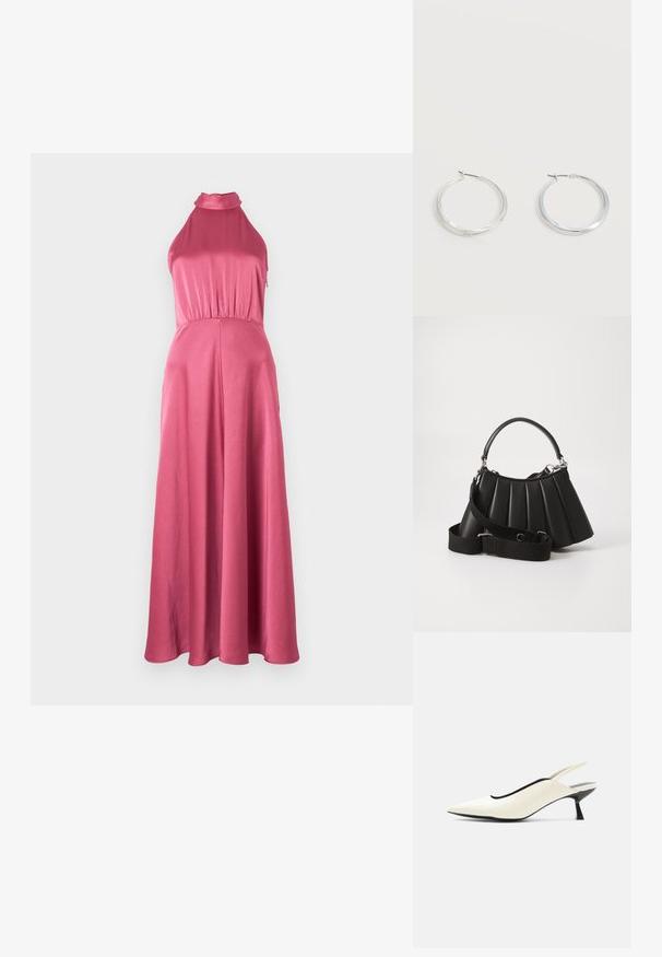 Roze halternek maxi-jurk met een aansluitende corsage, een geraffineerde taille en een soepele, vloeiende rok. Gemaakt van lichtgewicht, gestructureerde stof.; Crèmekleurige slingback schoen met puntige neus, lage zwarte kittenhak en een gladde leren afwerking op een witte achtergrond.; Zwarte geplooide handtas met een ronde handgreep, verstelbare schouderriem en glanzende textuur. Heeft zilveren hardware en een gestructureerde silhoutte.; Zilverkleurige metalen creolen oorbellen met een glad, licht gebogen oppervlak en sluitingen met haaksluiting op een effen witte achtergrond.