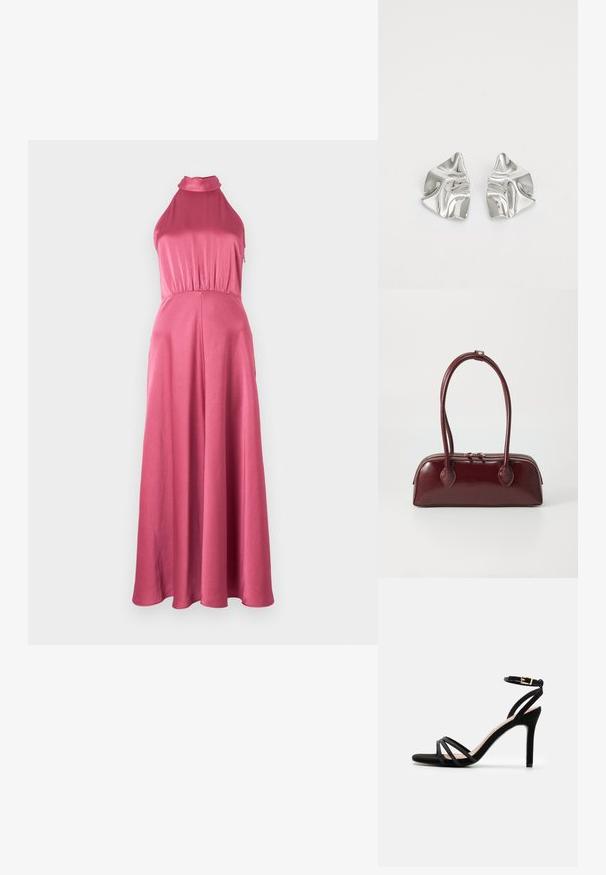 Roze halternek maxi-jurk met een aansluitende corsage, een geraffineerde taille en een soepele, vloeiende rok. Gemaakt van lichtgewicht, gestructureerde stof.; Anna Field by Zalando Sandalen - black; Bordeaux leren handtas met een gebogen vorm, dubbele handvatten, ritssluiting en subtiele stiksels. Gladde, hoogglanzende afwerking.; Zilveren metalen oorbellen met een golvend, sculpturaal ontwerp, voorzien van een gepolijste afwerking en onregelmatige vormen, die een hedendaagse esthetiek benadrukken.