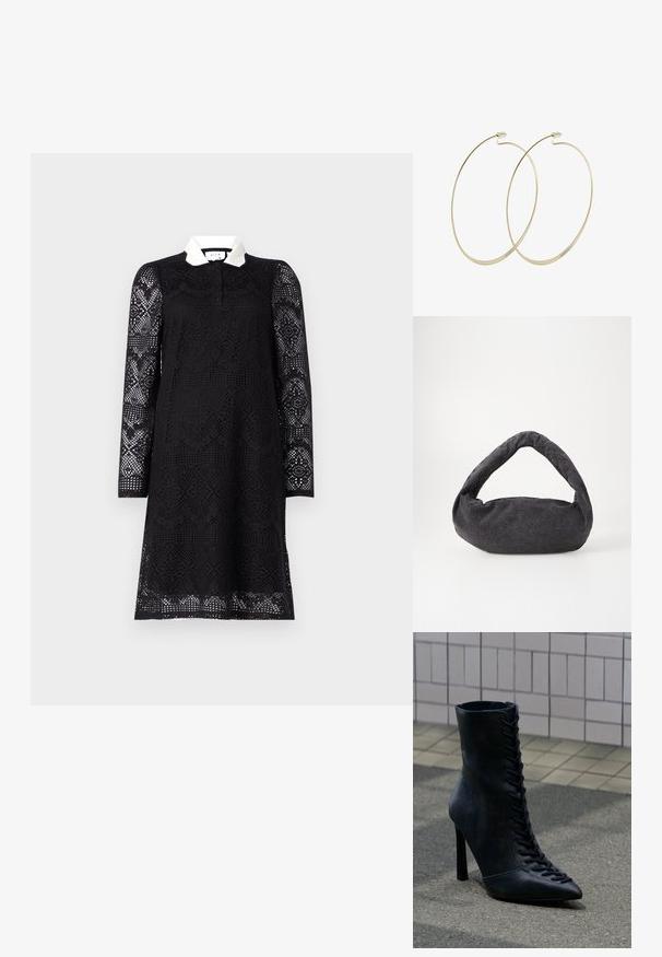Musthave mustriga mustri ja valge krae ning must pitskleit. Kude sisaldab keerukaid väljakatte disaine ja on lõdva lõikega.; Must nahast kõrgete kontsadega pahkluu saabas esiosade paeltega, terava ninaga, seisab asfaltpinnal plaaditud seina taustal.; Tumehallist kangast kott, millel on kaardus käepide, pehme tekstuur ja ümar kuju. Pole nähtavaid metallosi ega kaunistusi.; Pilgrim Kõrvarõngad - gold-coloured