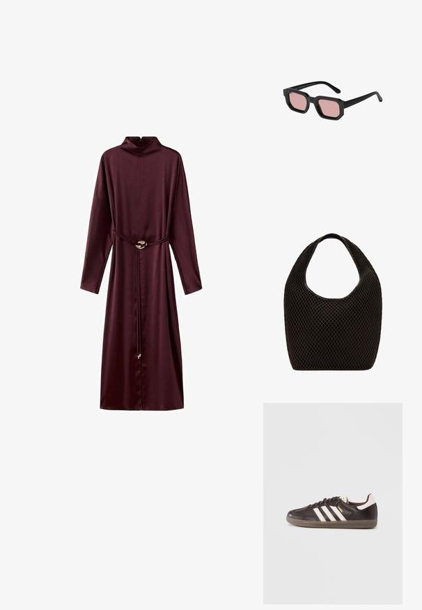 Bordeaux langærmet kjole med høj krave, indsnævret talje med bælte og en glat, ensartet tekstur. Har en rund metallic spænde detalje.; Mørkebrune lædersneakers med hvidt tre-stribet design, en gummisål og "Samba" i gyldne bogstaver på siden. Klassisk lavtopform.; Sorte solbriller med en kraftig oktagonal ramme og rosa tonede linser. Fremstillet af genbrugsmaterialer, designet til et moderne udseende.; Sort åbenvævet mesh-tote med rundet topgreb og bredt, buet kropsdesign.