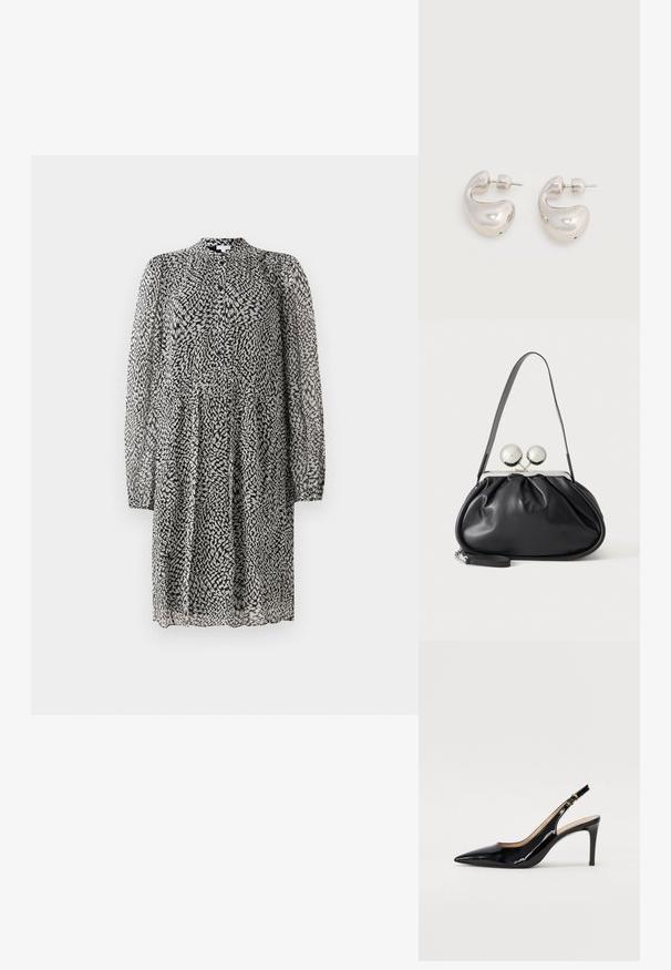 Vestido de rodilla en blanco y negro con mangas largas y transparentes, botonadura delantera, corte suelto y patrón abstracto de manchas en una tela ligera.; Zapatos de charol negro con tirante al tobillo, punta afilada, tacón delgado y un diseño de corte sutil. Presenta una hebilla dorada en la correa.; Bolso de mano de cuero negro con diseño fruncido, una sola correa, marco metálico plateado y dos cierres grandes redondos de plata.; Par de pendientes de aro gruesos plateados y brillantes con cierre de poste y cierre de presión sobre fondo blanco liso.