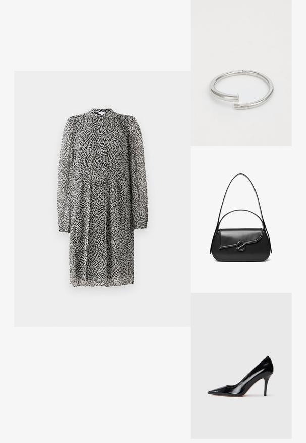 Vestido de rodilla en blanco y negro con mangas largas y transparentes, botonadura delantera, corte suelto y patrón abstracto de manchas en una tela ligera.; Zapato de salón de charol negro con tacón alto y punta afilada, con textura suave y tacón de aguja delgado. Sin herrajes visibles.; Bolso de hombro de cuero negro con una solapa curva asegurada por un broche metálico redondo y una correa delgada y ajustable.; Calvin Klein SPIRAL - Pulsera - silver-coloured
