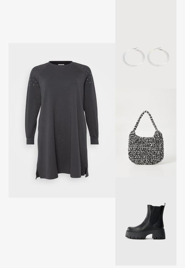 Mørkegrå sweatshirtkjole med lange raglanærmer, sideslids og nitter på skuldrene. Lavet af blødt, behageligt materiale.; Sorte læder ankelstøvler med tyk skridsål, elastiske sidepaneler, hæltrækstrop og en klodset forhøjet platåhæl.; Vævet håndtaske i sort og hvid med en rund form, tekstureret overflade og et fletet håndtag. Velegnet til afslappet brug.; Par skinnende sølvøreringe med tynde trådlåse, vist på en lys grå baggrund.