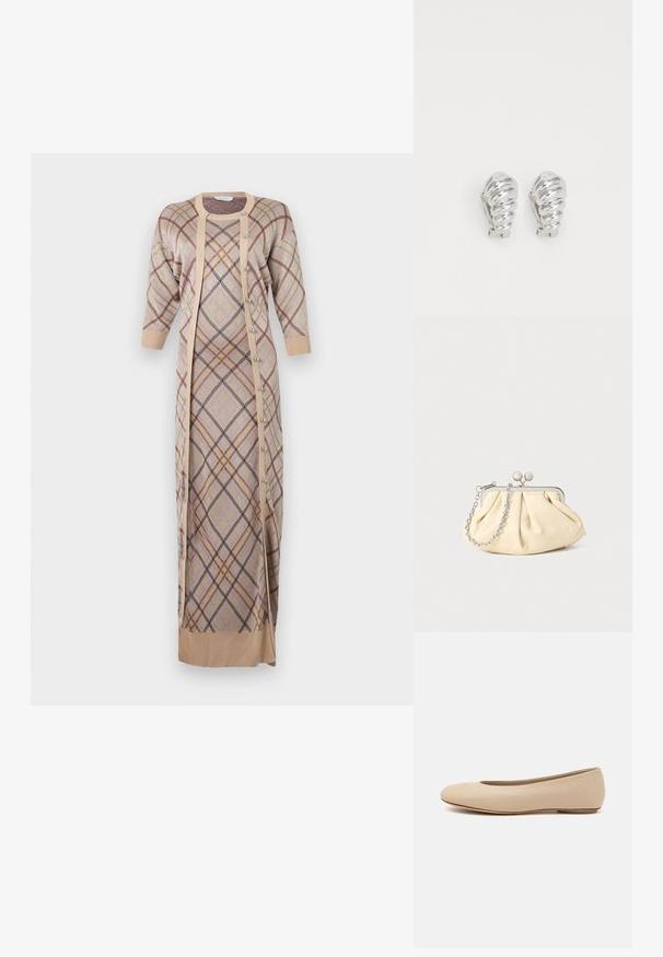 Rabanne Maxi šaty - beige; Béžové kožené baleríny s okrúhlym prstom, minimálnym švom, nízkym podpätkom a diskrétnym logom na zadnej strane. Hladká, matná textura.; Zhlý béžový kožený klobúk so strieborným kovovým rámom, ktorý má dve okrúhle dekoratívne zámky a strieborný reťazový popruh.; Strieborné klipsňové náušnice so spirálovým dizajnom, s hladkým kovovým povrchom a zaoblenými tvarmi. Bez viditeľných ozdôb či vzorov.
