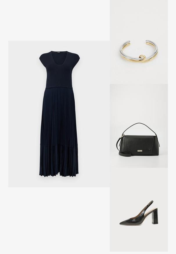 Marineblaue ärmellose Kleid mit V-Ausschnitt und langem, plissiertem Rock, tailliert, auf weißem Hintergrund präsentiert.; Schwarzer Leder-Slingback-Schuh mit spitzer Kappe, hohem Blockabsatz und beigegefüttertem Innenraum vor hellem, einfarbigem Hintergrund.; Schwarze Lederhandtasche mit strukturiertem Design, abnehmbarem Schultergurt und metallischem Verschlussakzent. Sie weist klare Linien und eine glatte Textur auf.; Metallarmband mit ineinander verschlungenen Silber- und Goldbändern sowie einer glatten, polierten Oberfläche. Auffälliges Knotendetail in der Mitte.