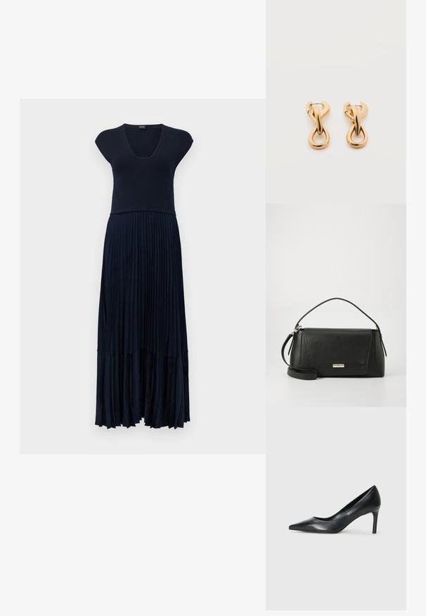 Marineblaue ärmellose Kleid mit V-Ausschnitt und langem, plissiertem Rock, tailliert, auf weißem Hintergrund präsentiert.; Schwarze Leder-Pumps mit spitzem Zehenbereich und schmalem Absatz, glatter Textur und ohne sichtbare Verzierungen. Sauberes Design mit minimalistischem Ästhetik.; Schwarze Lederhandtasche mit strukturiertem Design, abnehmbarem Schultergurt und metallischem Verschlussakzent. Sie weist klare Linien und eine glatte Textur auf.; Paar glänzende goldfarbene Creolen mit verschlungenem, verdrehtem Design auf schlichten weißem Hintergrund.
