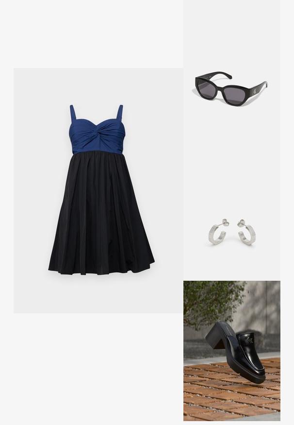 A-Linien-Kleid mit einem taillierten Oberteil in Marineblau mit einer gedrehten Detail und einem schwarzen, plissierten Rock, abgeschlossen mit verstellbaren Trägern.; Schwarze Leder-Slip-on-Mule von Calvin Klein mit Blockabsatz, die auf Holzfliesen im Freien nahe einer grünen Pflanze und einer grauen Wand ruht.; Schwarze Sonnenbrille mit einem schlanken, kantigen Design, dunklen Gläsern und einem kontrastierenden silbernen Logo an der Seite. Glatte Kunststoffoberfläche.; Silberne Metall-Hoops mit strukturiertem Design, ausgestattet mit einem kleinen Steckverschluss und Branding an einem Hoop. Abgerundete Form mit glänzender Oberfläche.