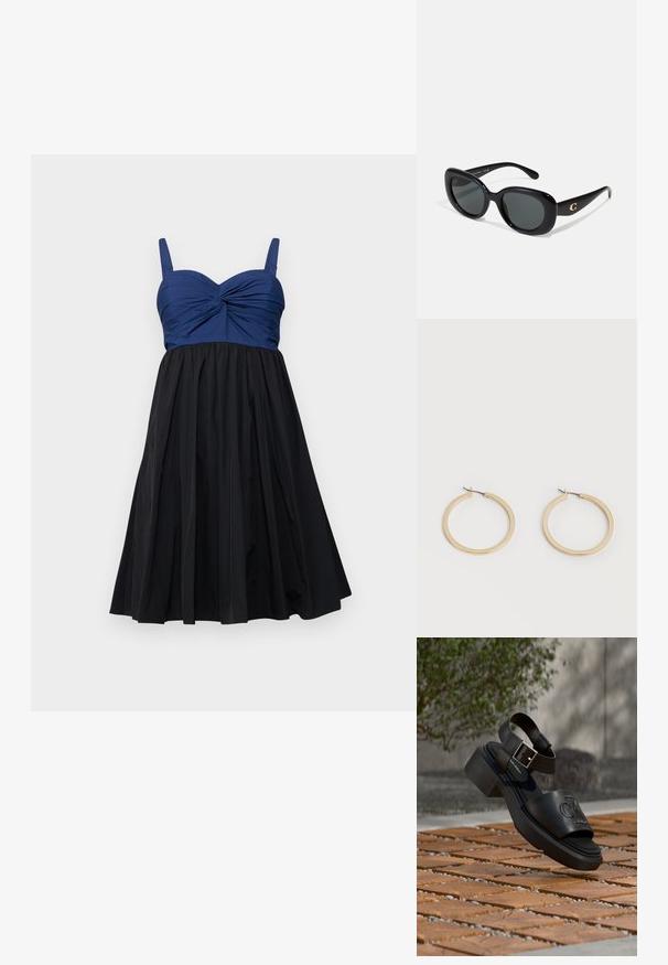 A-Linien-Kleid mit einem taillierten Oberteil in Marineblau mit einer gedrehten Detail und einem schwarzen, plissierten Rock, abgeschlossen mit verstellbaren Trägern.; Schwarze Leder-Sandale von Calvin Klein mit Knöchelriemen und Schnalle, schwebt über einem Boden aus Holz und Steinplatten im Freien.; Schwarze Sonnenbrille mit runden Gläsern, glanzvollem Kunststoffrahmen und einem goldenen Logoakzent an den Schläfen. Die dunklen Gläser bieten UV-Schutz.; Paar mittelgroße, glatte Creolen in Goldton mit Scharnier-Verschlüssen auf einem einfarbigen hellen Hintergrund.