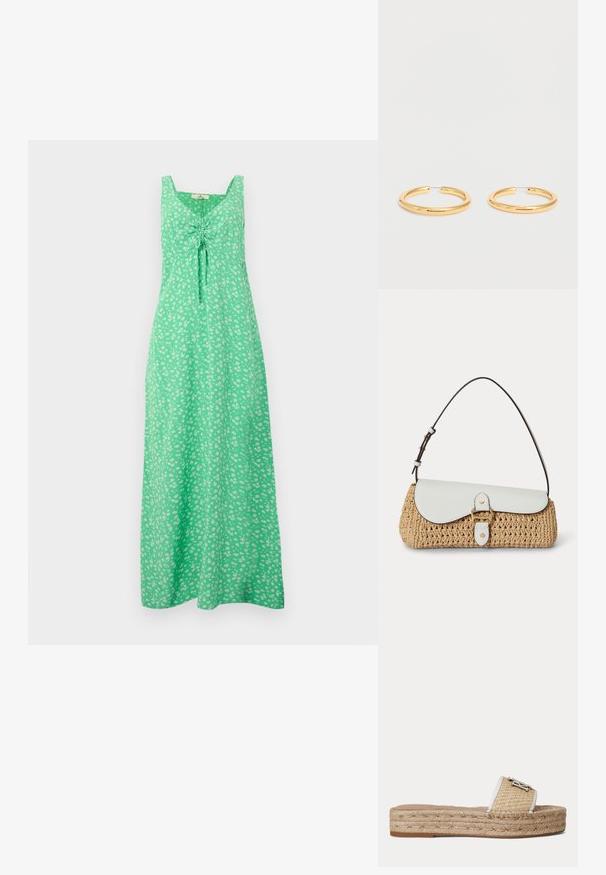Robe maxi verte sans manches avec un petit motif floral blanc et un détail froncé noué à l'avant sur la poitrine.; Sandale plate à enfiler avec semelle plateforme en jute tressée et bride beige texturée ornée d'un petit emblème décoratif en argent.; Sac à main en paille tissée avec rabat en cuir blanc, boucle dorée et bandoulière réglable marron foncé sur fond blanc.; Paire de boucles d'oreilles créoles dorées brillantes avec des fermoirs en fil fin sur un fond blanc uni.