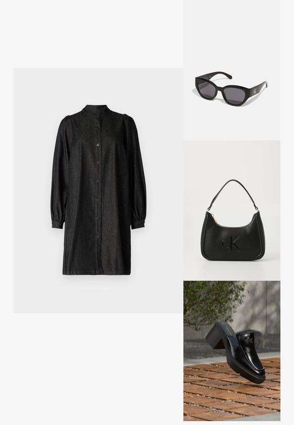 Vestido de mezclilla negra con un cuello alto, cierre de botones en el frente y largas mangas abullonadas. Textura suave con un ligero brillo y un ajuste entallado.; Mule tipo slip-on de cuero negro de Calvin Klein con tacón de bloque descansando sobre baldosas de madera al aire libre cerca de una planta verde y una pared gris.; Gafas de sol negras con un diseño elegante y angular, lentes oscuros y un logo plateado en contraste en el lateral. Textura de plástico suave.; Bolso de mano de cuero negro con forma curva, que presenta una cremallera dorada y un sutil logo "cK" en relieve. Textura suave y un solo asa.