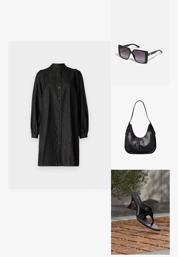 Vestido de mezclilla negra con un cuello alto, cierre de botones en el frente y largas mangas abullonadas. Textura suave con un ligero brillo y un ajuste entallado.; Sandalia negra de tacón tipo tanga de Calvin Klein flotando sobre una superficie exterior de azulejos, con vegetación y una pared de hormigón al fondo.; Gafas de sol cuadradas negras con lentes degradados grises. Montura brillante con líneas elegantes. Acento de logo plateado en las patillas.; Bolso de hombro de cuero negro con cremallera dorada, con el logo "cK" en relieve en el frente y una correa única para llevar.