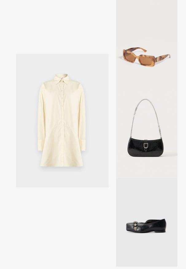 Chemise crème à boutons avec col pointu, manches longues et silhouette évasée ; fabriquée en tissu lisse, avec fermeture à boutons sur le devant.; Chaussure plate en cuir noir avec un bout carré, sangle élastique et ornement métallique à l'avant, présentant une texture lisse et un talon minimal.; Lunettes de soleil rectangulaires en écaille avec des montures épaisses et des verres teintés marron posées sur une surface blanche.; Sac à épaule en cuir verni noir avec détail de boucle argentée et bandoulière en chaîne argentée, présenté sur un fond uni clair.