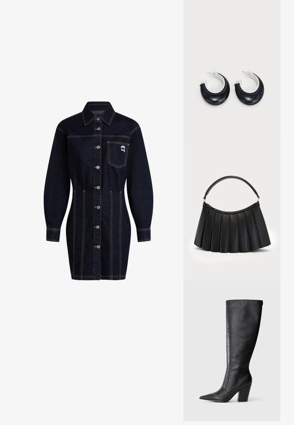 Dunkelblaues Jeanshemdkleid mit Kragen, Knöpfen auf der Vorderseite und langen Ärmeln. Verfügt über eine Brusttasche und gelbe Stichakzente.; Schwarze kniehohe Lederstiefel mit spitzem Zehen und klobigem hohen Absatz, von der linken Seitenansicht auf weißem Hintergrund gezeigt.; Schwarze plissierte Handtasche aus synthetischem Leder, mit einem gebogenen Griff und einem Reißverschlussverschluss oben. Glatte Textur mit strukturiertem Design.; Schwarze Harz-Hoops mit glänzender Oberfläche und silberfarbenen Hardware-Details. Zirkulare Form mit Ausschnitt und Post-Back-Verschluss.