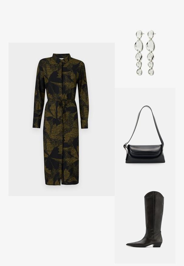 JDY JDYLIZA SHIRT DRESS - Paitamekko - winter moss; Mustat nahkaiset polvipituiset saappaat, joissa on terävä kärki, matala lohko korko ja tyylikäs muotoilu. Varsissa on lievä kaari ylhäällä.; Musta nahkainen käsilaukku, jossa on jämäkkä muoto, sileä pinta ja yksi olkahihna. Sisältää hienovaraisen, pyöristetyn läppädesignin.; Hopeakilat korvakorut, joissa on toisiinsa liittyviä orgaanisten muotojen elementtejä, kiiltävä pinta ja taustakiinnitys. Moderni ja pitkänomainen muotoilu.