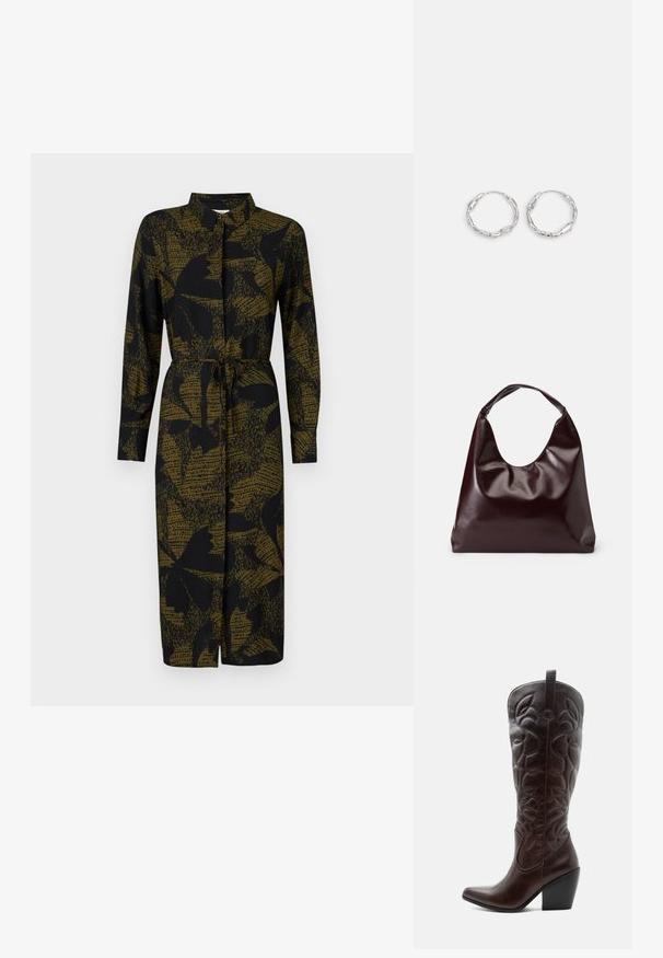 JDY JDYLIZA SHIRT DRESS - Tričkové šaty - winter moss; Vysoká tmavohnedá kožená kovbojská čižma so šitými dekoratívnymi vzormi, špicatou špičkou a vrstveným blokovým podpätkom.; Burgundská, lesklá vegan kožená taška s mäkkým, sochárskym tvarom a širokým, zakriveným uchom pre jednoduché nosenie.; Strieborné kruhové náušnice s vlnitou, nepravidelnou textúrou. Majú tenký, kruhový tvar a reflektujúci povrch.