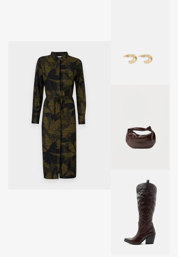 JDY JDYLIZA SHIRT DRESS - Tričkové šaty - winter moss; Vysoká tmavohnedá kožená kovbojská čižma so šitými dekoratívnymi vzormi, špicatou špičkou a vrstveným blokovým podpätkom.; Tmavohnedá kožená kabelka cez rameno s mäkkým, voľným tvarom a držadlom v podobe skrúteného uzla na jednoduchom bielom pozadí.; Zlaté náušnice v tvare pologuľe s hladkým povrchom, s oranžovými akcentmi pri úchyte a striebornými komponentmi.