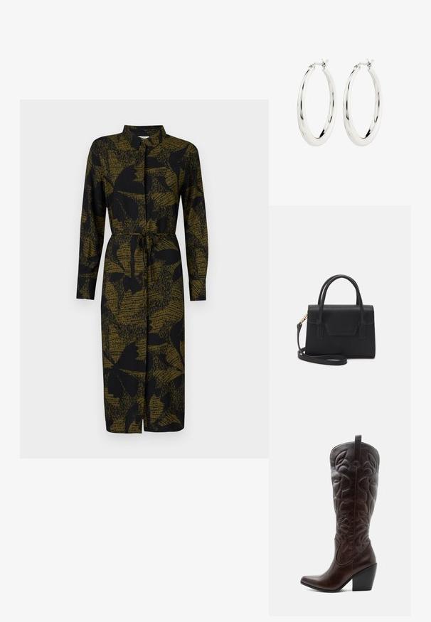 JDY JDYLIZA SHIRT DRESS - Särkkleit - winter moss; Kõrge tumepruun nahast kauboi saabas, millel on õmmeldud dekoratiivsed mustrid, terava varbaosaga ja kuhjatud plokk-kontsaga.; Must mustruktureeritud must nahast käekott, millel on pealne käepide, eemaldatav õlarihm ja esiküljel klapi detail. Kuldse metallist aksessuaari aktsendid.; Hõbedased rõngaskõrvarõngad siledast ja läikivast viimistlusest. Ringikujuline, sisaldab kindlat kinnitust. Lihtne ja elegantne disain.