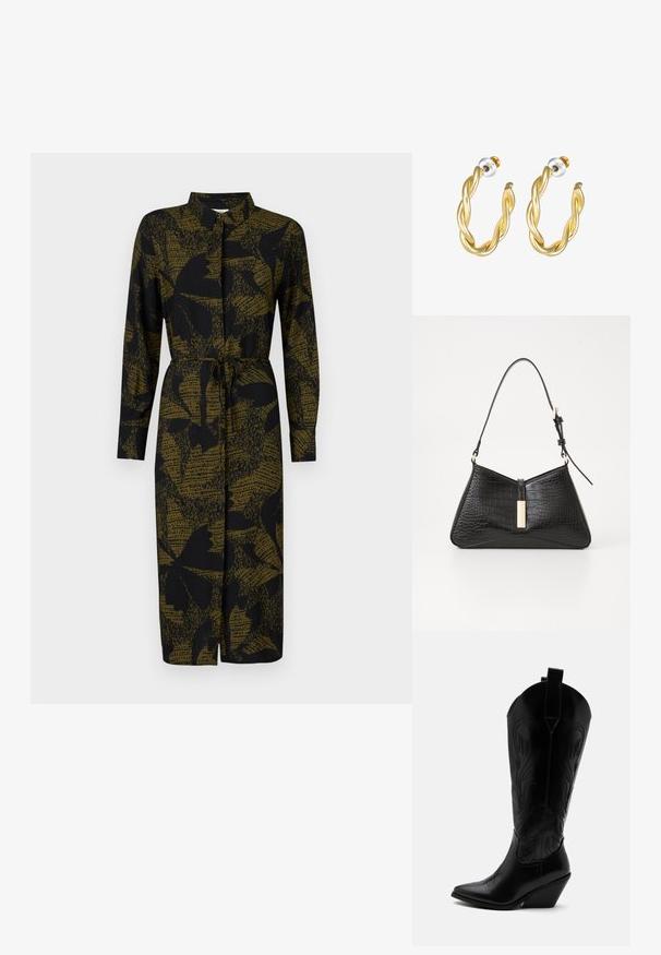 JDY JDYLIZA SHIRT DRESS - Blousejurk - winter moss; Zwarte leren cowboylaars met puntige neus, schuine blokhak, decoratieve stiksels en aantreklusjes bovenaan tegen een witte achtergrond.; Zwarte handtas van faux krokodillenleer, met een driehoekige vorm, een slanke schouderband en een goudkleurige hardware-accent in het midden.; Gouden gedraaide oorringen met een gladde afwerking, voorzien van een transparante achterkant en goudkleurige hardware.