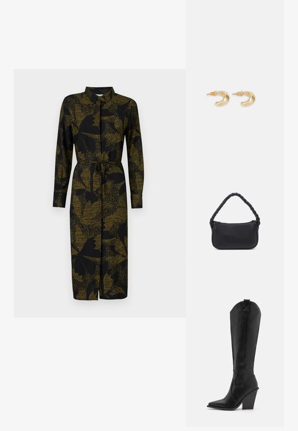 JDY JDYLIZA SHIRT DRESS - Paitamekko - winter moss; RAID SURREY - Biker-/cowboysaappaat - black; Mustat käsilaukku, jolla on pyöreä muoto ja joka on valmistettu sileästä materiaalista. Varustettu punotulla kahvalla ja vetoketjulla turvallista säilytystä varten.; Kulta puolikuun muotoiset korvakorut, joissa on sileä pinta, ja oranssit yksityiskohdat lähellä korvakuuloketta sekä hopeiset osat.