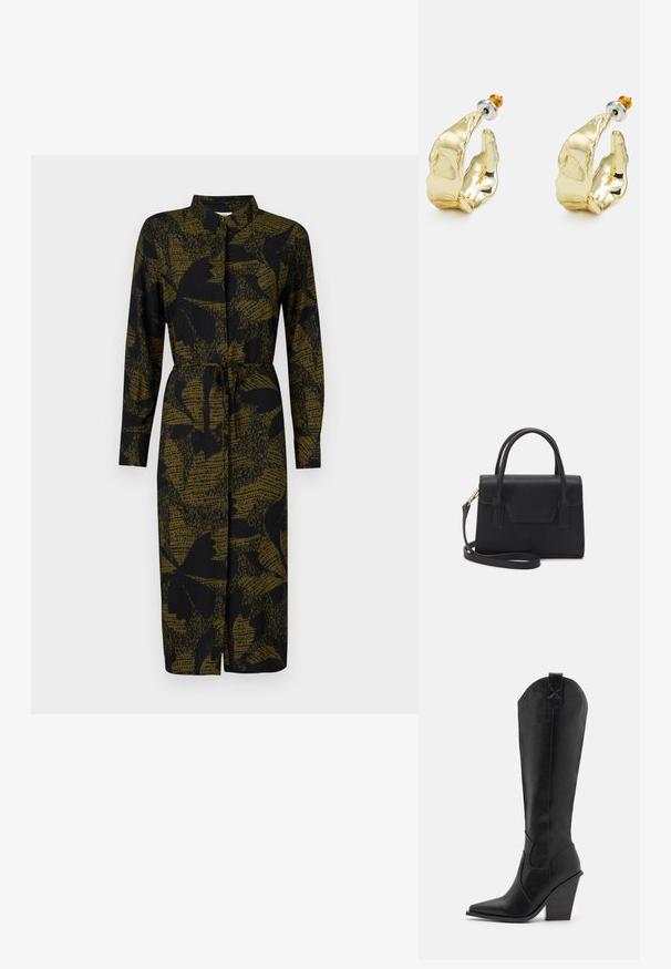 JDY JDYLIZA SHIRT DRESS - Blusenkleid - winter moss; RAID SURREY - Cowboy-/Bikerboot - black; Schwarze strukturierte Handtasche aus Leder mit einem oberen Tragegriff, abnehmbarem Schulterriemen und einer Klappe auf der Vorderseite. Akzente in Goldmetall.; Goldfarbene Ohrringe in Form abstrakter Hände, mit einer glänzenden Oberfläche, filigranen Details und einem Silber- und Goldstift für sicheren Halt.