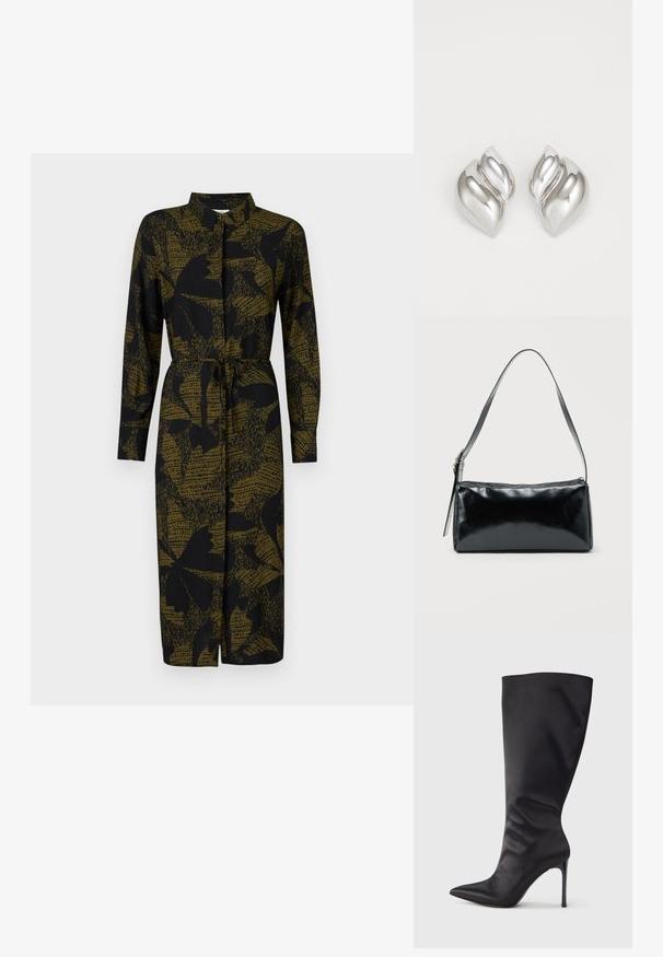 JDY JDYLIZA SHIRT DRESS - Blusenkleid - winter moss; Schwarzer kniehoher Stiletto-Stiefel aus glattem, elegantem Material; spitze Zehe; enganliegend mit subtilen Falten nahe dem Knöchel; glänzender Absatz.; Schwarze rechteckige Schultertasche mit einem verstellbaren Riemen und einem oberen Reißverschluss vor einfachem Hintergrund.; Silberne Ohrringe mit einer organischen, abstrakten Form. Glatte, glänzende Oberfläche mit einem konischen Design. Mit dezenten Kurven und einem zentralen Linienelement.