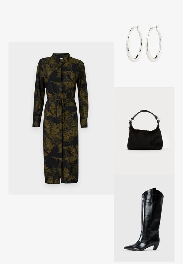 JDY JDYLIZA SHIRT DRESS - Tričkové šaty - winter moss; Čierne kožené vysoké čižmy až po kolená s špicatou špičkou, nízkym podpätkom a dekoratívnym prešívaním po stranách. Hladký lesklý povrch.; Čierna kabelka z umelého kožušiny s jemnou textúrou, zaobleným tvarom a pevným čiernym koženým ramenným popruhom. Viditeľné akcenty zo strieborného kovu.; Strieborné kruhové náušnice s hladkým, lesklým povrchom. Obľúbený tvar, vybavené bezpečným zapínaním. Jednoduchý a elegantný dizajn.