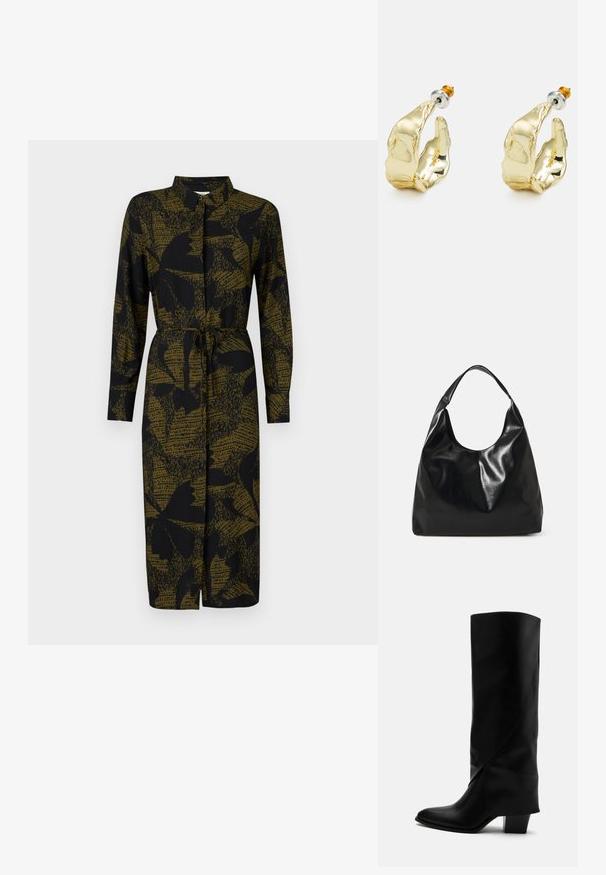 JDY JDYLIZA SHIRT DRESS - Tričkové šaty - winter moss; Vysoká čierna kožená čižma s nakloneným šitím, špicatou špičkou a masívnym stredne vysokým podpätkom na bielom pozadí.; Čierna kožená hobo taška s jemnou, lesklou textúrou a zaobleným, otvoreným vrchom. Obsahuje široký, zakrivený popruh na nosenie. Žiadne viditeľné kovanie.; Náušnice v zlatej farbe v tvare abstraktných rúk, s lesklým povrchom, zložitými detailmi a strieborným a zlatým podstavcom pre bezpečné upevnenie.