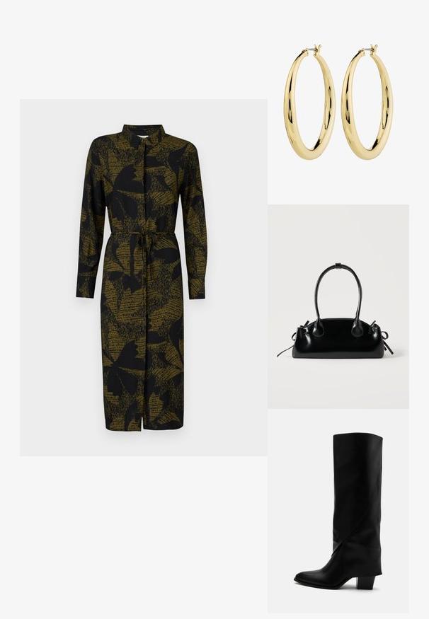 JDY JDYLIZA SHIRT DRESS - Tričkové šaty - winter moss; Vysoká čierna kožená čižma s nakloneným šitím, špicatou špičkou a masívnym stredne vysokým podpätkom na bielom pozadí.; Malá čierna lesklá kabelka s dvoma dlhými rúčkami a bočnými šnúrkovými detailmi na jednoduchom svetlom pozadí.; Zlaté kruhové náušnice s hladkým, lešteným povrchom. Majú kruhový tvar a bezpečné zapínanie na vrchu. Povrch odráža svetlo.