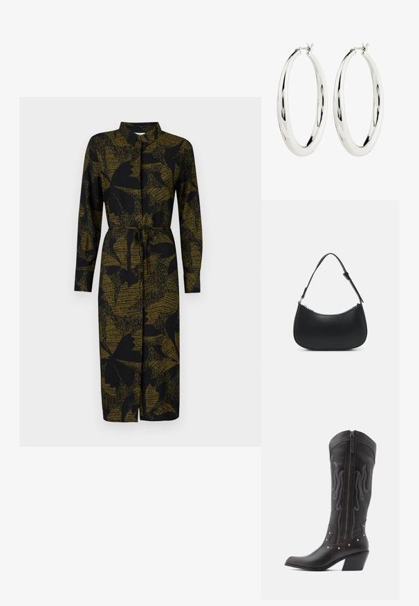 JDY JDYLIZA SHIRT DRESS - Blousejurk - winter moss; Bruine leren cowboylaarzen met vlamstiksels, zijrits, zilveren studs, spits toelopende neus en gestapelde hak.; Pieces PCALUANA SHOULDER BAG - Handtas - black; Zilveren creool oorbellen met een gladde, reflecterende oppervlak. Ronde, grote vorm met een veilige sluiting aan de bovenkant. Gepolijste afwerking toont de glans.