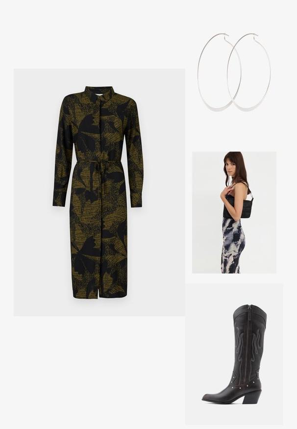 JDY JDYLIZA SHIRT DRESS - Tričkové šaty - winter moss; Hnedé kožené kovbojské čižmy s výšivkou v tvare plameňov, bočným zipsom, striebornými nitmi, špicatou špičkou a vystuženým opätkom.; Čierna prešívaná kabelka na rameno s jedným popruhom a striebornými detailmi, skombinovaná s priliehavými šatami s batikovaným vzorom v odtieňoch čiernej a smotanovej.; Strieborné kruhové náušnice s tenkým, hladkým dizajnom; predĺžený oválny tvar; lesklý povrch; majú bezpečné uzatváranie na háčik.