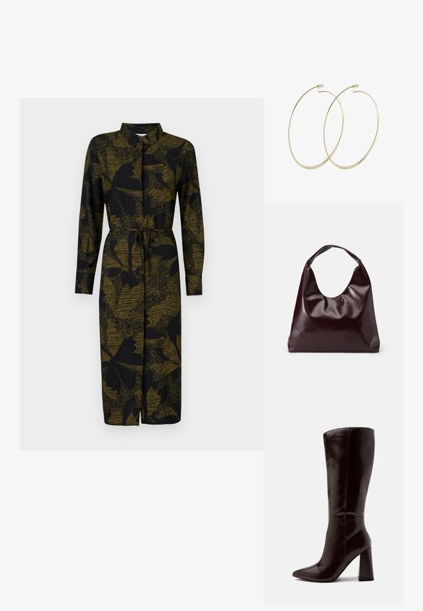 JDY JDYLIZA SHIRT DRESS - Blousejurk - winter moss; Hoge donkerbruine leren laars met spitse neus en blokhak op een effen lichte achtergrond.; Bordeaux, glanzende vegan leren totebag met een zachte, sculpturale vorm en een brede, gebogen handgreep voor makkelijk dragen.; Pilgrim Oorbellen - gold-coloured
