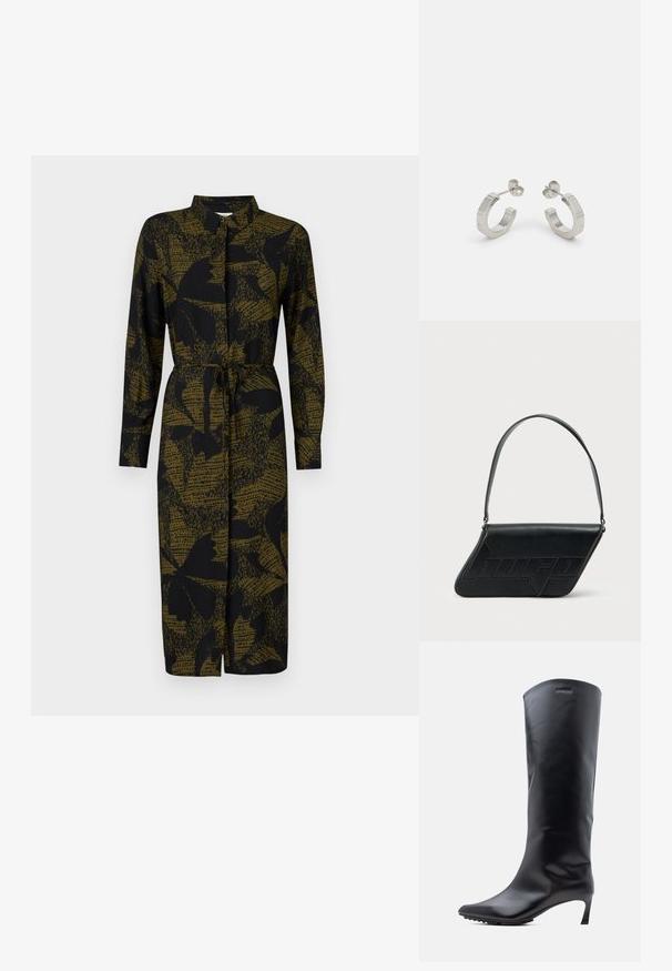 JDY JDYLIZA SHIRT DRESS - Tričkové šaty - winter moss; Čierna kožená čižma po kolená so špičatou špičkou a štíhlym, vysokým podpätkom. Hladká textúra s minimálnym množstvom kovania a logom značky blízko vrchu.; Čierna kožená taška cez rameno v trojuholníkovom tvare, s vyrazeným logom a jedným nastaviteľným pásikom. Minimalistický dizajn s hladkou textúrou.; Strieborné kovové náušnice v tvare kruhu s textúrovaným dizajnom, s malým zarážacím zapínaním a logom na jednom kruhu. Zaoblený tvar s lesklým povrchom.