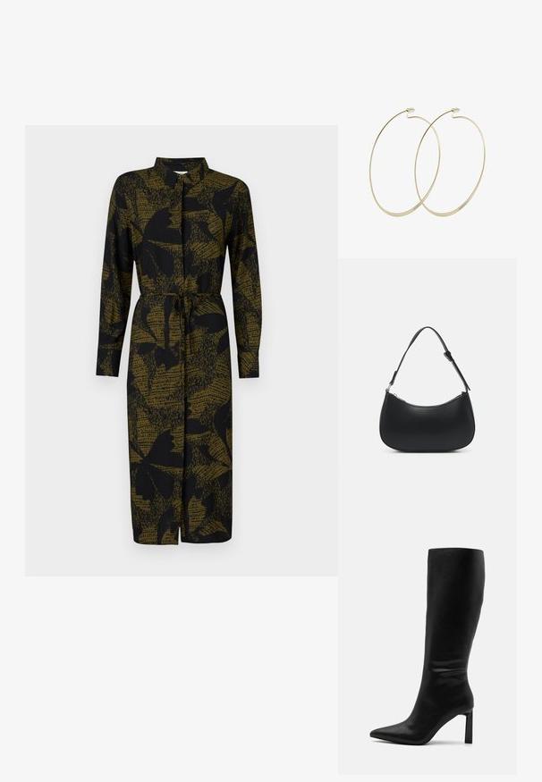 JDY JDYLIZA SHIRT DRESS - Blousejurk - winter moss; Even&Odd by Zalando Laarzen - black; Pieces PCALUANA SHOULDER BAG - Handtas - black; Pilgrim Oorbellen - gold-coloured